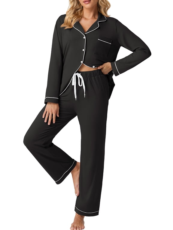 Womens Pajama Sets Long Sleeve Knit Button Down Pj Lounge Sets Sleepwear with Drawstring Pockets