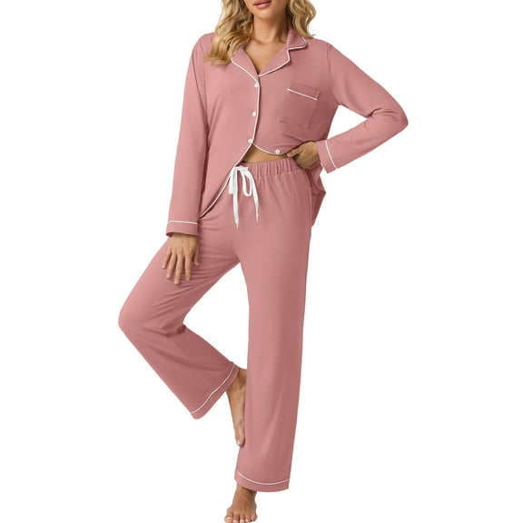 Cueply Womens Pajama Sets Long Sleeve Knit Button Down Pj Lounge Sets Sleepwear with Drawstring Pockets
