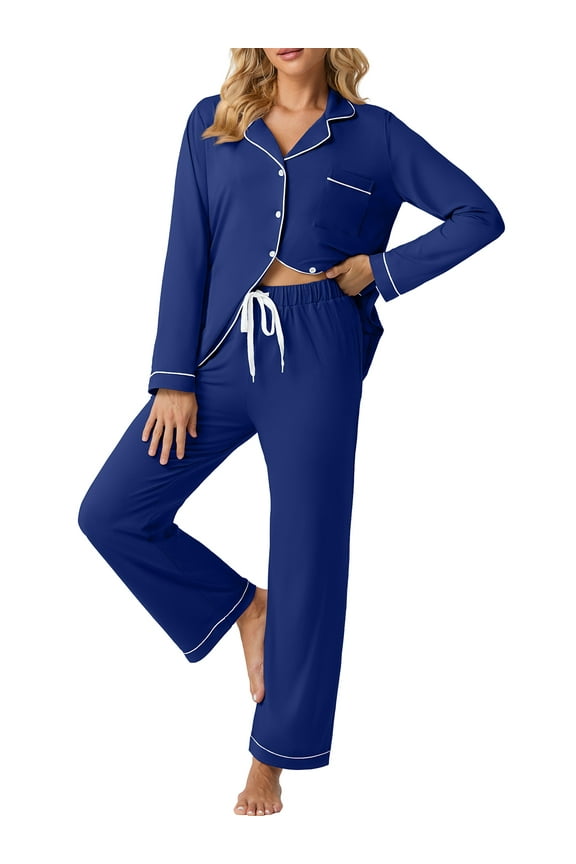 Womens Pajama Sets Long Sleeve Knit Button Down Pj Lounge Sets Sleepwear with Drawstring Pockets