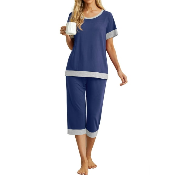 Cueply Womens Pajamas Sets Short Sleeve Sleepwear Top Capri Pants Casual Lounge Sets with Pockets
