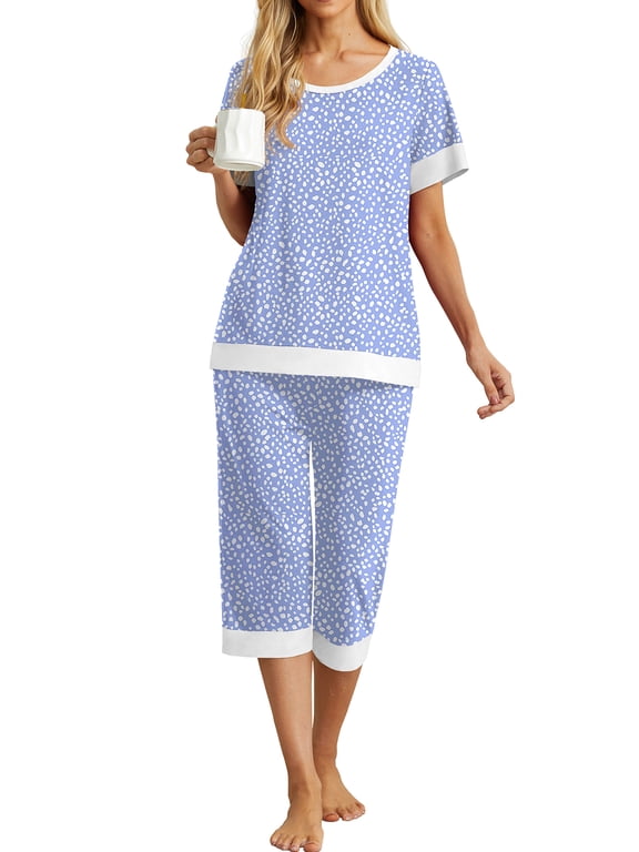 Womens Pajamas Sets Short Sleeve Sleepwear Top Capri Pants Casual Lounge Sets with Pockets
