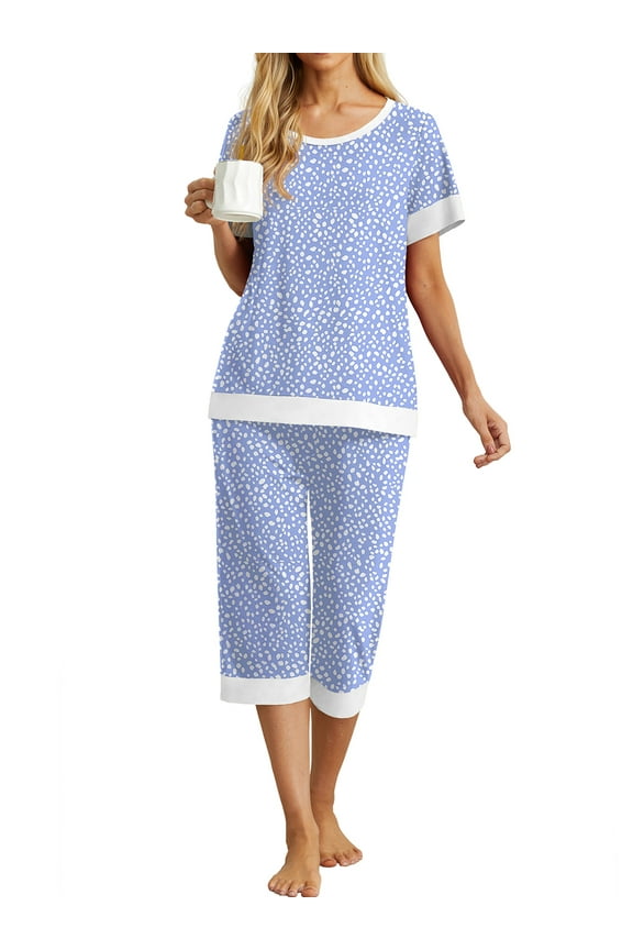 Womens Pajamas Sets Short Sleeve Sleepwear Top Capri Pants Casual Lounge Sets with Pockets