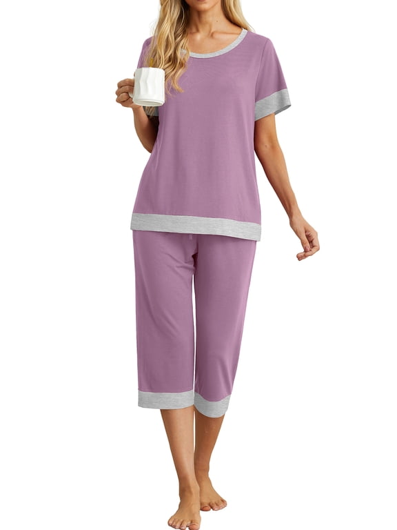 Womens Pajamas Sets Short Sleeve Sleepwear Top Capri Pants Casual Lounge Sets with Pockets
