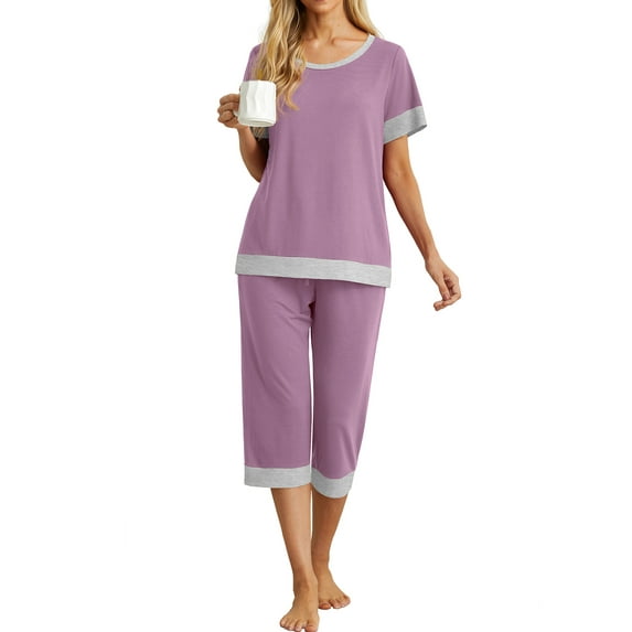 Cueply Womens Pajamas Sets Short Sleeve Sleepwear Top Capri Pants Casual Lounge Sets with Pockets