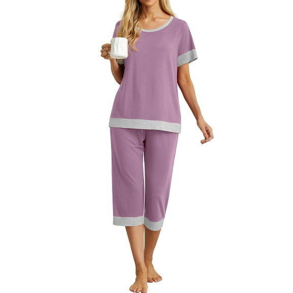 Cueply Womens Pajamas Sets Short Sleeve Sleepwear Top Capri Pants Casual Lounge Sets with Pockets
