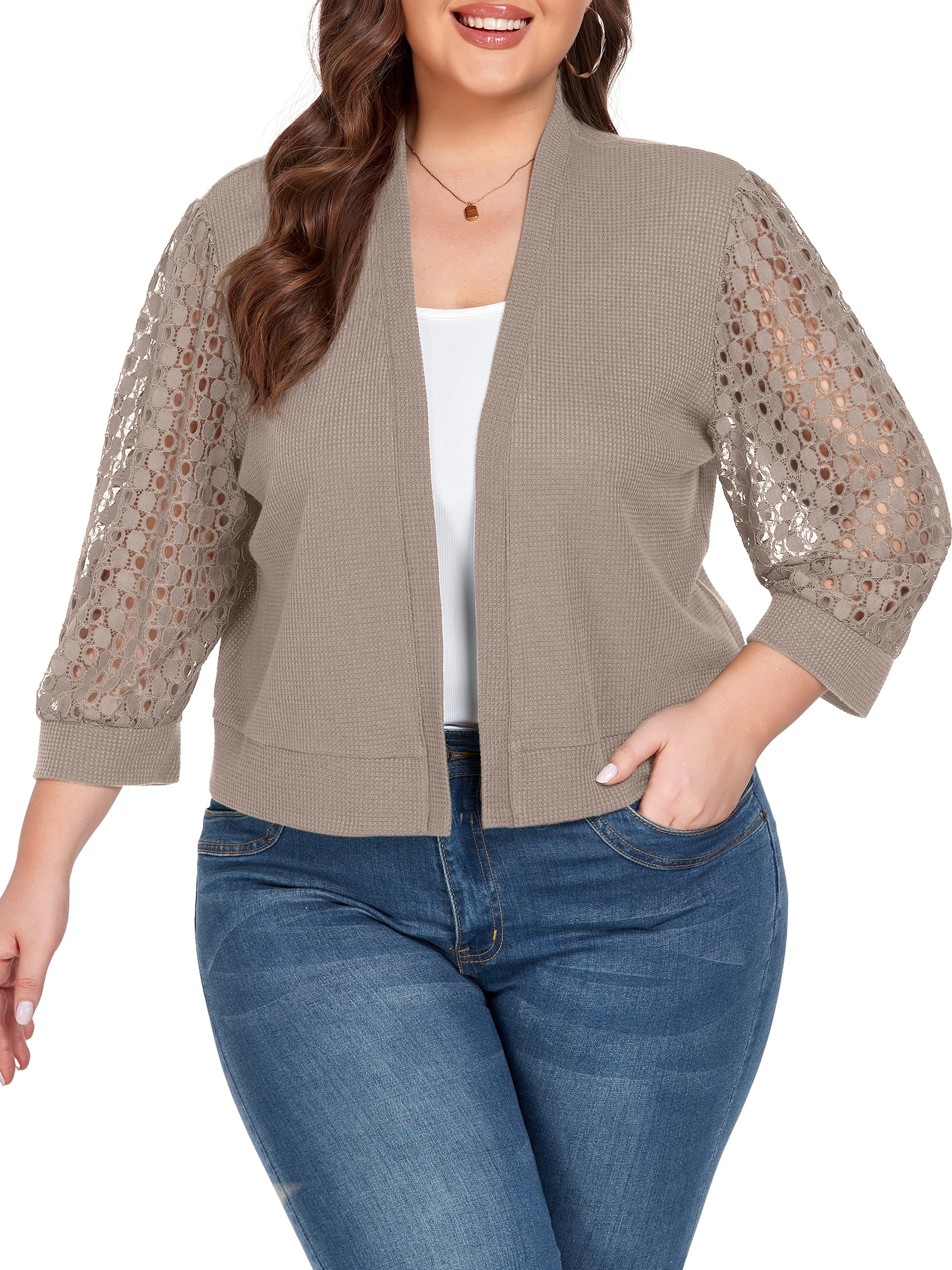 Cueply Womens Plus Size Cardigan Shrugs 3/4 Sleeve Open Front Cropped