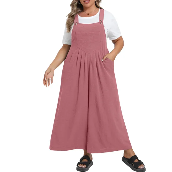 Cueply Womens Plus Size Overalls Jumpsuits Causal Sleeveless Adjustable Straps Wide Leg Long Pants with Pockets