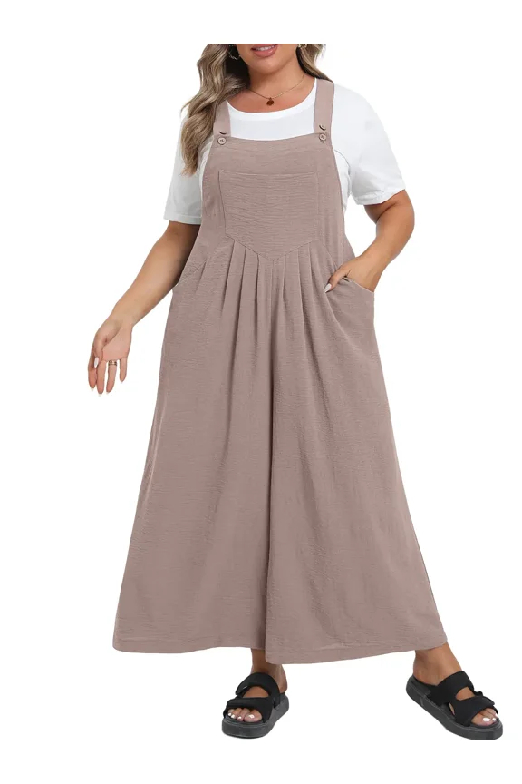 Womens Plus Size Overalls Jumpsuits Causal Sleeveless Adjustable Straps Wide Leg Long Pants with Pockets