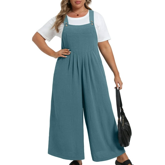 Cueply Womens Plus Size Overalls Jumpsuits Causal Sleeveless Adjustable Straps Wide Leg Long Pants with Pockets