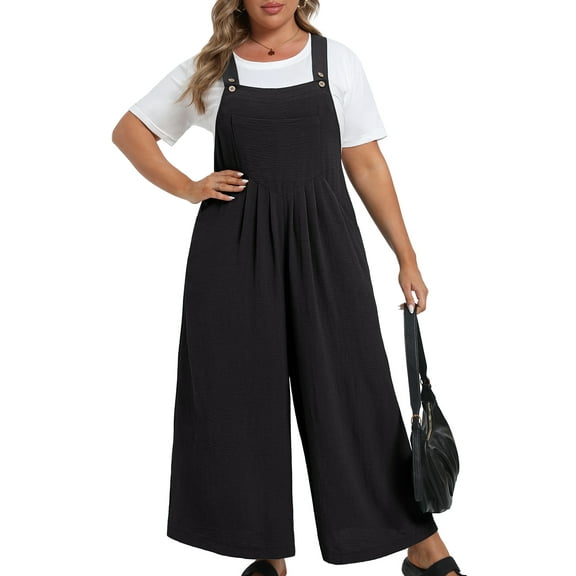 Cueply Womens Plus Size Overalls Jumpsuits Causal Sleeveless Adjustable Straps Wide Leg Long Pants with Pockets