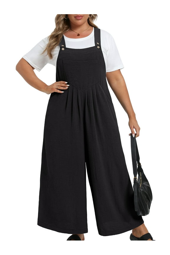 Womens Plus Size Overalls Jumpsuits Causal Sleeveless Adjustable Straps Wide Leg Long Pants with Pockets