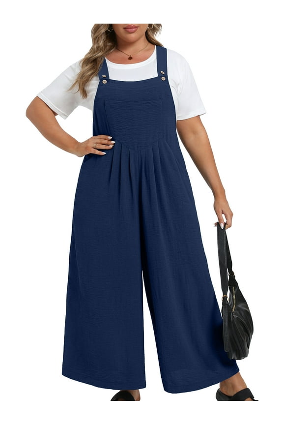 Womens Plus Size Overalls Jumpsuits Causal Sleeveless Adjustable Straps Wide Leg Long Pants with Pockets