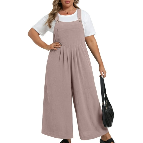 Cueply Womens Plus Size Overalls Jumpsuits Causal Sleeveless Adjustable Straps Wide Leg Long Pants with Pockets