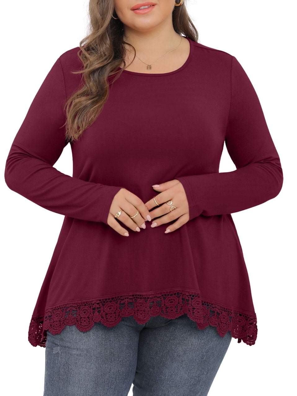 Cueply Womens Plus Size Tops Long Sleeve Shirts Crewneck Lace Tunic