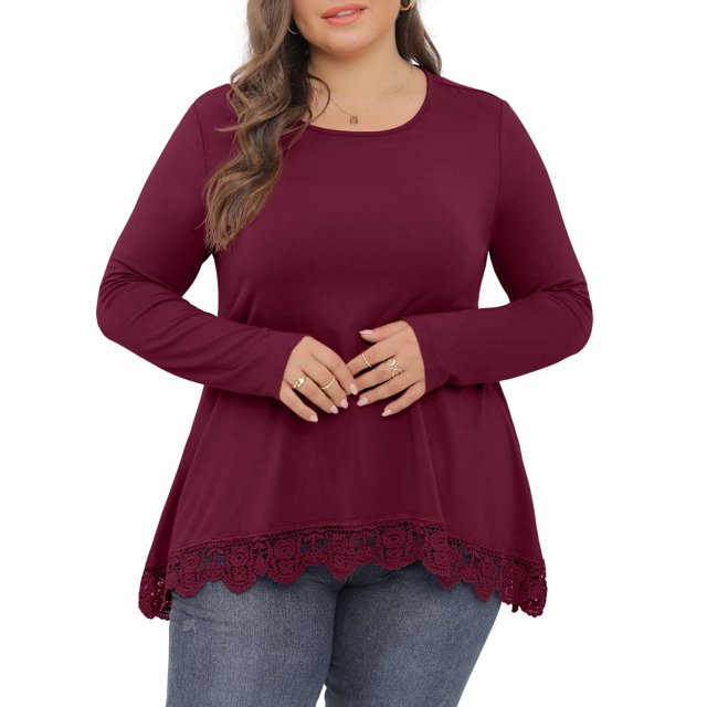 Cueply Womens Plus Size Tops Long Sleeve Shirts Crewneck Lace Tunic