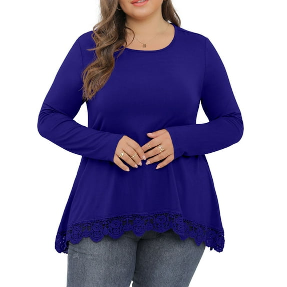 Cueply Womens Plus Size Tops Long Sleeve Shirts Crewneck Lace Tunic Blouses XL-4XL