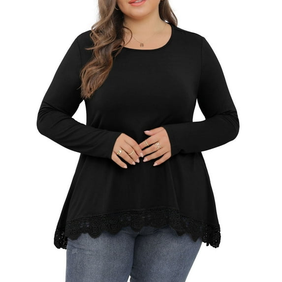 Cueply Womens Plus Size Tops Long Sleeve Shirts Crewneck Lace Tunic Blouses XL-4XL