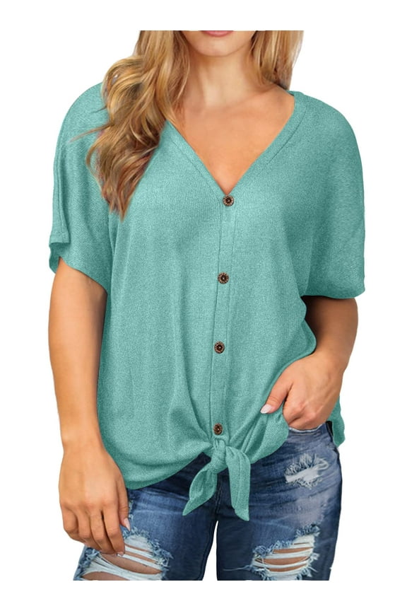 Womens Plus Size Tops Short Sleeve V Neck Waffle Knit Tunic Blouse Tie Front Button up T Shirts