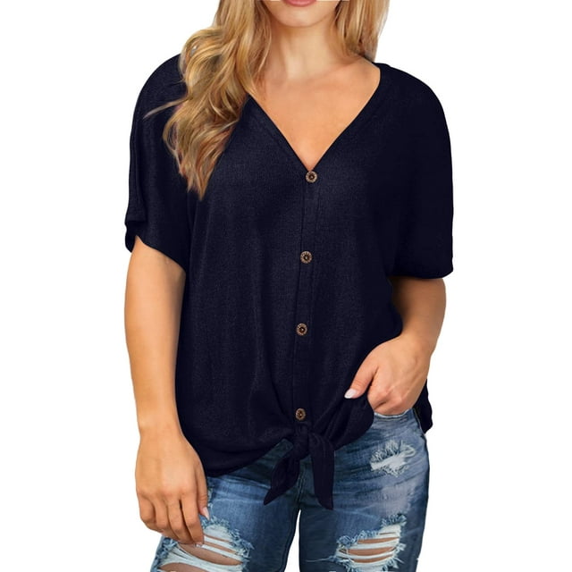 Cueply Womens Plus Size Tops Short Sleeve V Neck Waffle Knit Tunic Blouse Tie Front Button up T Shirts