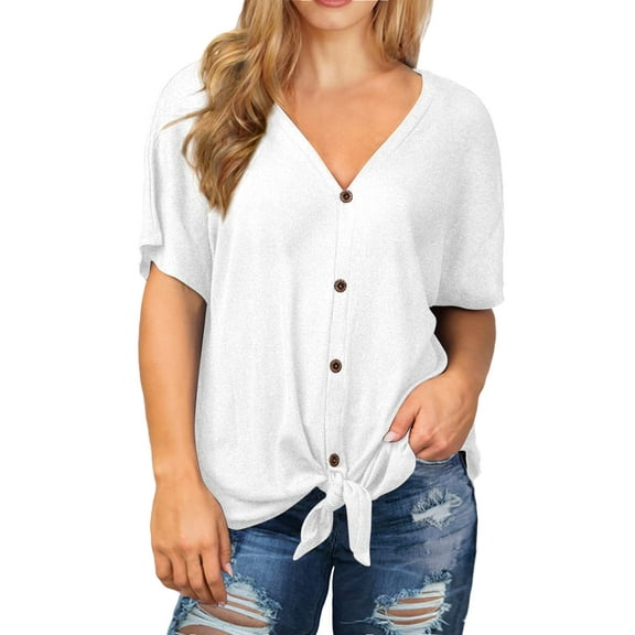 Cueply Womens Plus Size Tops Short Sleeve V Neck Waffle Knit Tunic Blouse Tie Front Button up T Shirts