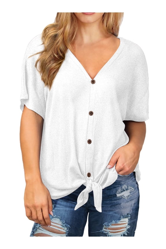 Womens Plus Size Tops Short Sleeve V Neck Waffle Knit Tunic Blouse Tie Front Button up T Shirts