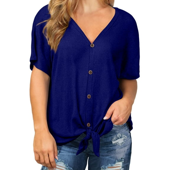Cueply Womens Plus Size Tops Short Sleeve V Neck Waffle Knit Tunic Blouse Tie Front Button up T Shirts
