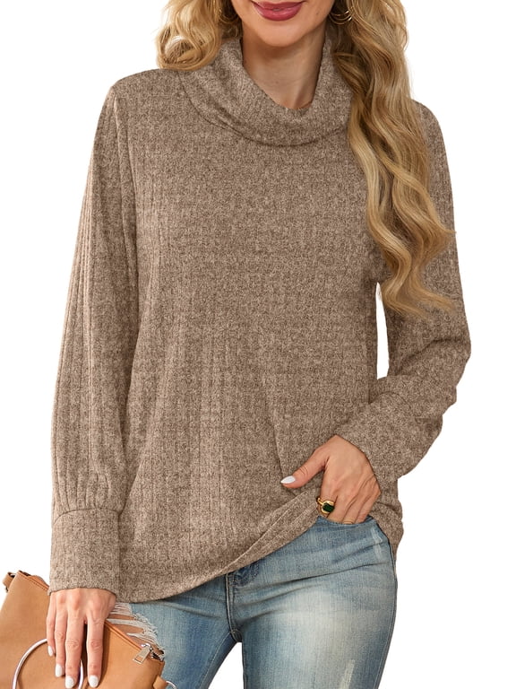 Pullover Sweaters for Women Long Sleeve Cowl Neck Fall Winter Ribbed Turtleneck Sweatshirt Tops