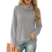 CUEPLY Pullover Sweaters for Women Long Sleeve Cowl Neck Fall Winter Ribbed Turtleneck Sweatshirt Tops