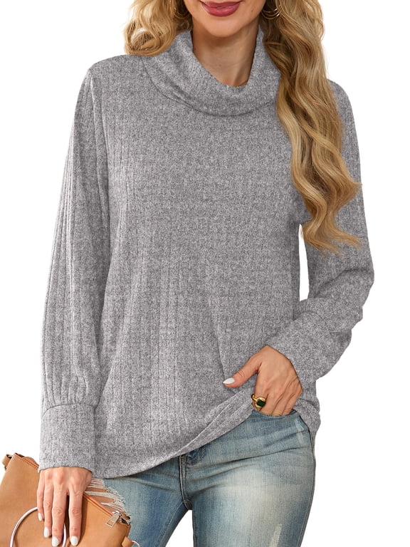 Pullover Sweaters for Women Long Sleeve Cowl Neck Fall Winter Ribbed Turtleneck Sweatshirt Tops