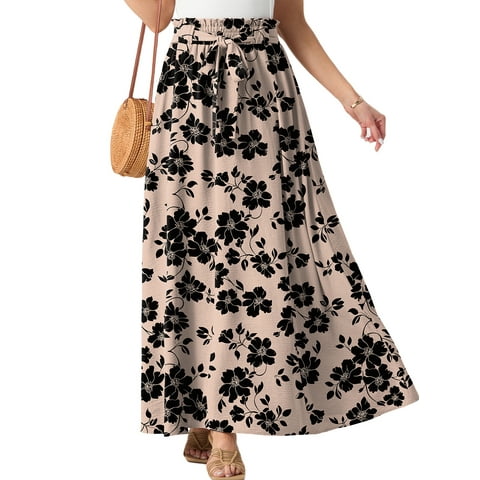 Skirts for Women Summer Long Maxi Skirt Elastic High Waist Tie Fashion Beach Dress with Pockets