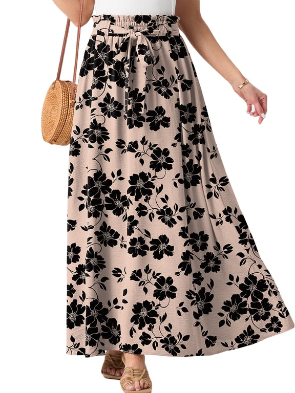 Skirts for Women Summer Long Maxi Skirt Elastic High Waist Tie Fashion Beach Dress with Pockets