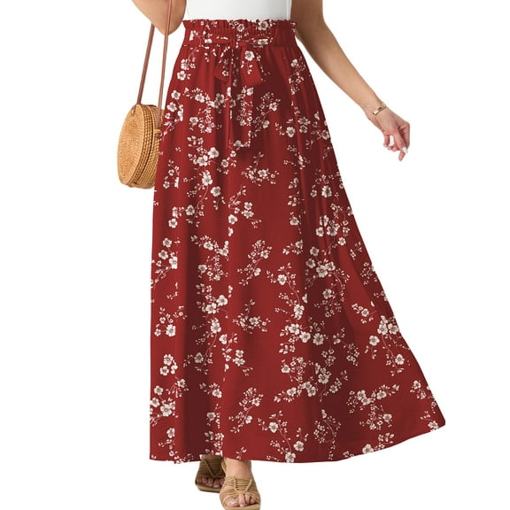 Cueply Skirts for Women Summer Long Maxi Skirt Elastic High Waist Tie Fashion Beach Dress with Pockets