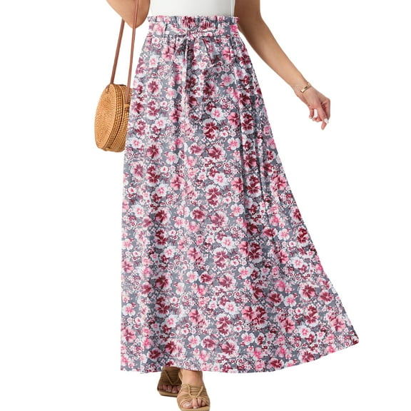 Cueply Skirts for Women Summer Long Maxi Skirt Elastic High Waist Tie Fashion Beach Dress with Pockets