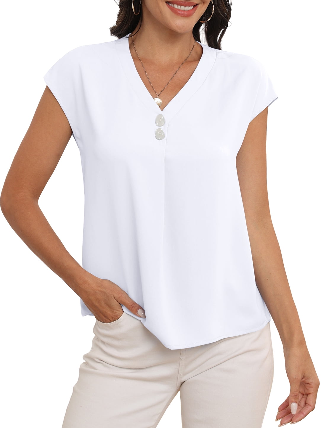 Cueply Womens Summer Tops Short Sleeve V Neck Dressy Casual Chiffon ...