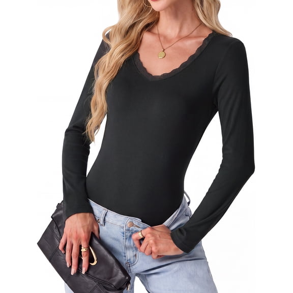 Cueply Long Sleeve Thermal Shirts for Women Lace Fleece Lined Stretch V Neck Tops Undershirt Base Layer