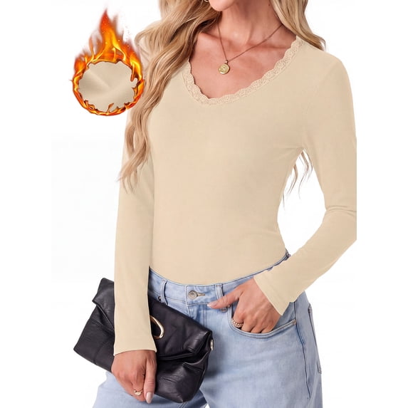 Cueply Long Sleeve Thermal Shirts for Women Lace Fleece Lined Stretch V Neck Tops Undershirt Base Layer