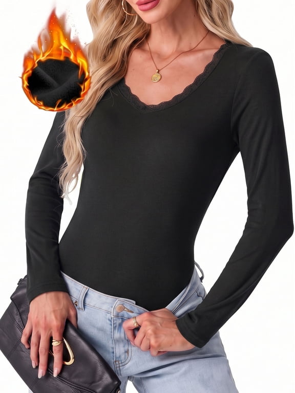 Long Sleeve Thermal Shirts for Women Lace Fleece Lined Stretch V Neck Tops Undershirt Base Layer