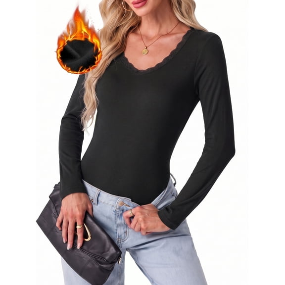 Cueply Long Sleeve Thermal Shirts for Women Lace Fleece Lined Stretch V Neck Tops Undershirt Base Layer