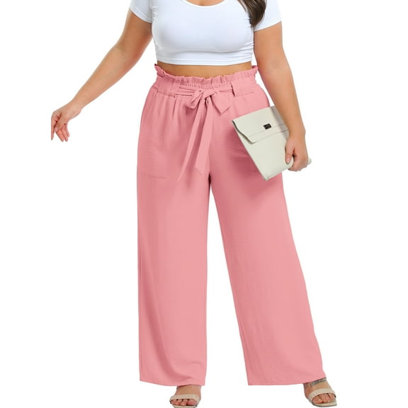 Cueply Womens Wide Leg Pants Plus Size Elastic Tie Knot Lounge Pants Loose Trousers with Pockets