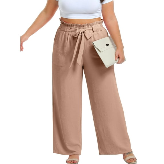 Cueply Womens Wide Leg Pants Plus Size Elastic Tie Knot Lounge Pants Loose Trousers with Pockets