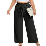 CUEPLY Womens Wide Leg Pants Plus Size Elastic Tie Knot Lounge Pants Loose Trousers with Pockets