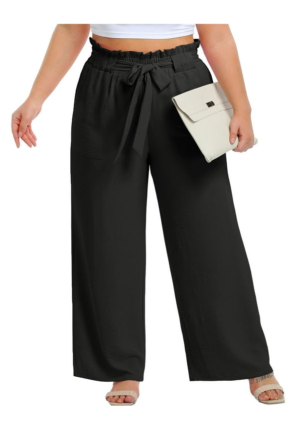 Womens Wide Leg Pants Plus Size Elastic Tie Knot Lounge Pants Loose Trousers with Pockets