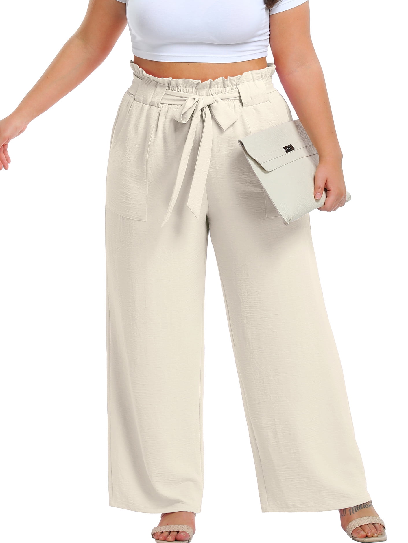 Cueply Womens Wide Leg Pants Plus Size Elastic Tie Knot Lounge Pants Loose  Trousers with Pockets 