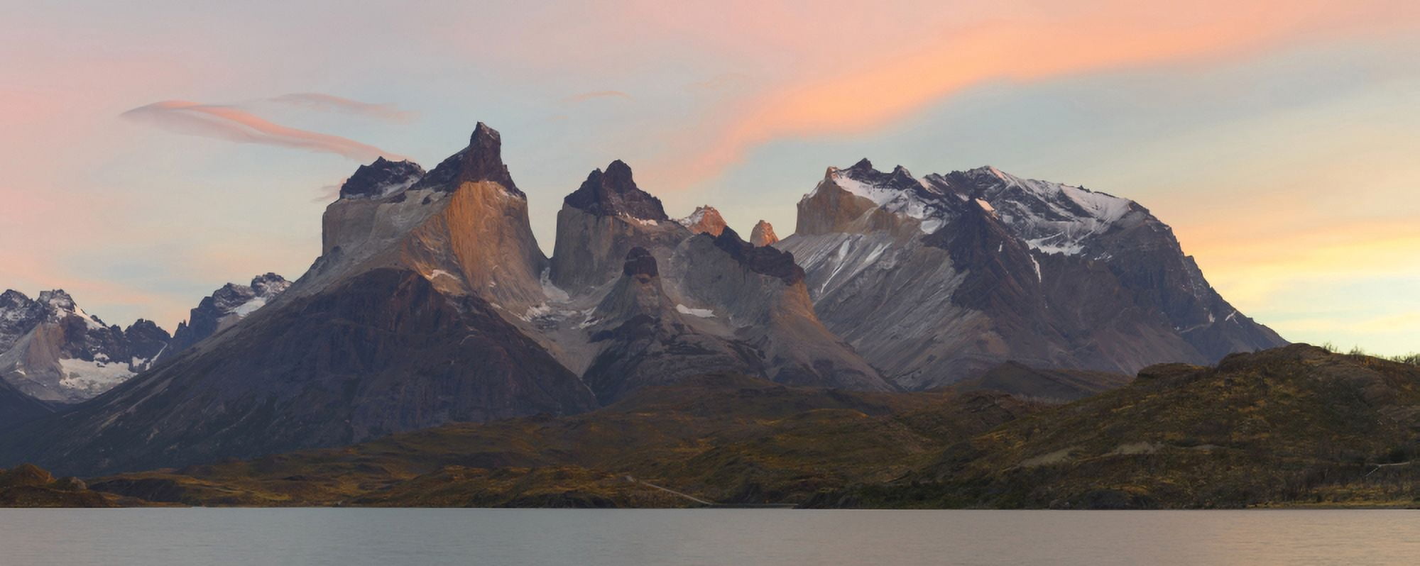 Cuernos del Paine at sunrise from Lake Pehoe Torres Del Paine National Park Chile Canvas Art - Panoramic Images (27 x 9)