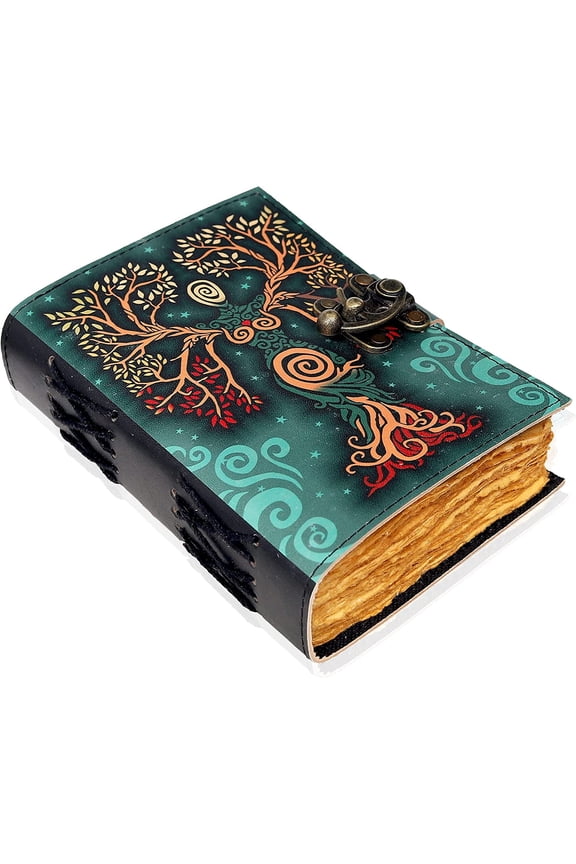 Vintage Leather Journal, Lockable, Blank Diaries & Journals, Green, 7in x 5in, 200 Pages