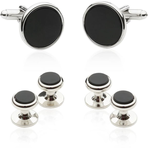 Cuff-Daddy Tuxedo Cuff Links and Studs - Black Onyx with Silver Tone 5/8 Cuff Links, 3/8 Studs 1 Pair Links