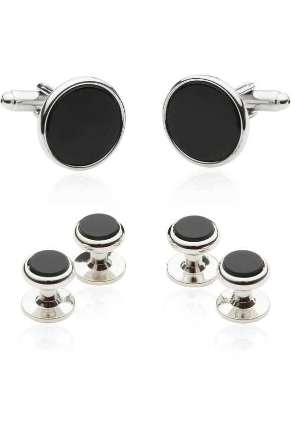 Tuxedo Cuff Links and Studs - Black Onyx with Silver Tone 5/8 Cuff Links, 3/8 Studs 1 Pair Links