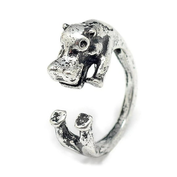 Cuff Finger Ring Hippopotamus Antique Silver Size 6 Adjustable 16Mm P429