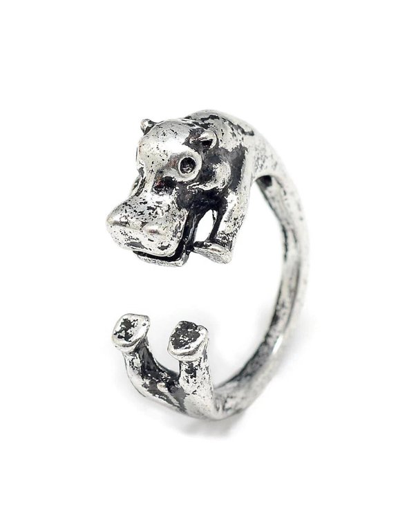 Cuff Finger Textured Ring Hippopotamus Antique Silver Adjustable Statement Polished P429