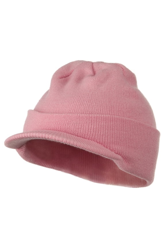 Cuff Knitted Beanie with Visor Bill - Light Pink OSFM